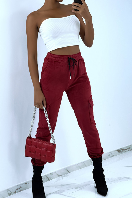 Burgundy velvet-style joggers with side pockets - 2