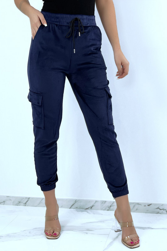 Velvet-style navy joggers with side pockets - 1