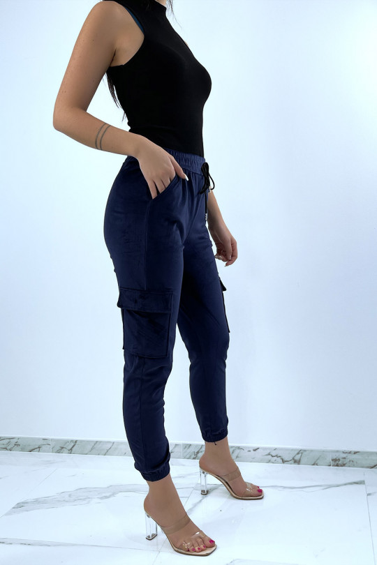 Velvet-style navy joggers with side pockets - 3