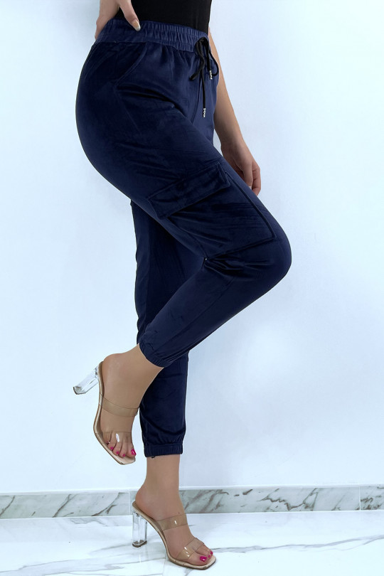 Velvet-style navy joggers with side pockets - 2