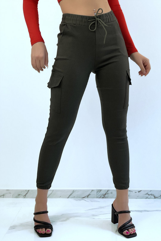 Pantalon slim kaki elastique à grandes poches style cargo - 2
