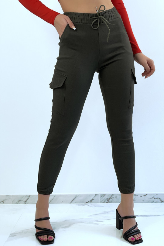 Pantalon slim kaki elastique à grandes poches style cargo - 3