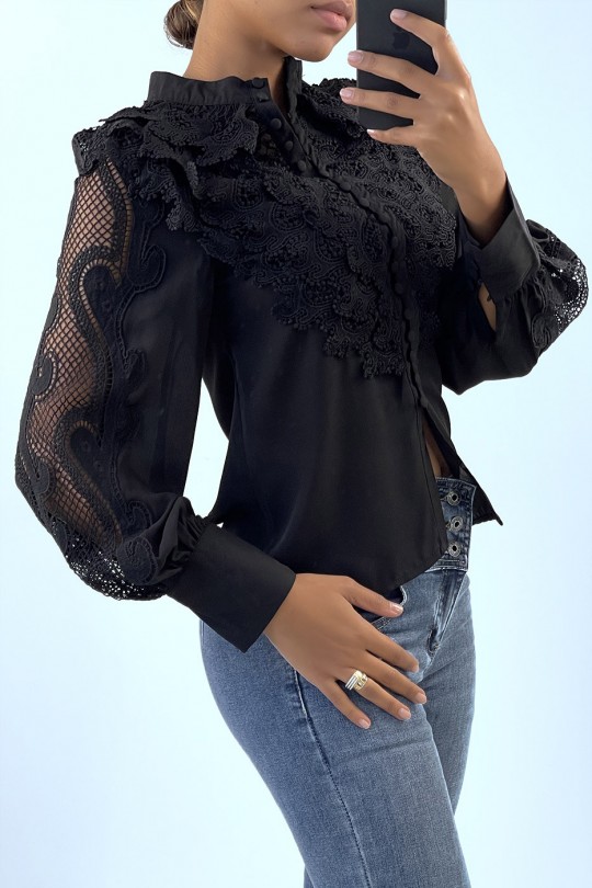 Black shirt with embroidery on the bust and sleeves - 1