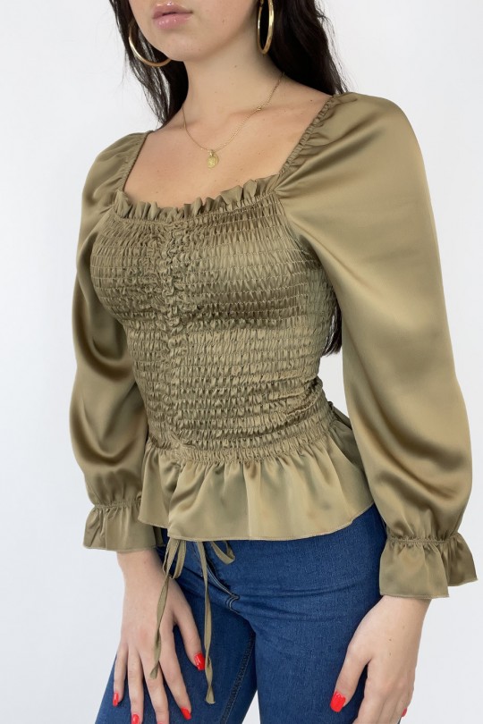 Satijnen blouse van camel geplooid met verstelbare strik - 1