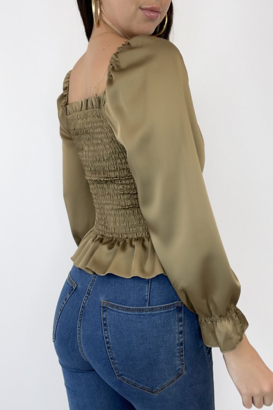 Satijnen blouse van camel geplooid met verstelbare strik - 3