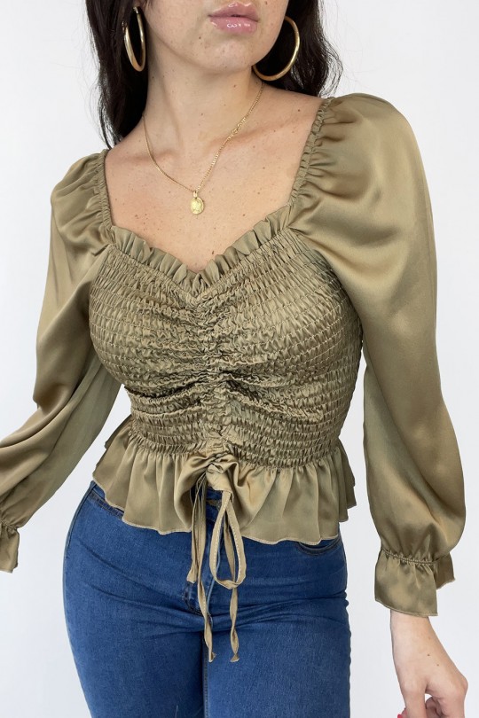 Satijnen blouse van camel geplooid met verstelbare strik - 4