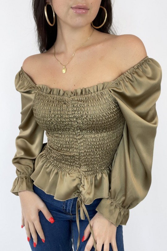 Satijnen blouse van camel geplooid met verstelbare strik - 5