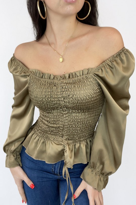 Satijnen blouse van camel geplooid met verstelbare strik - 6