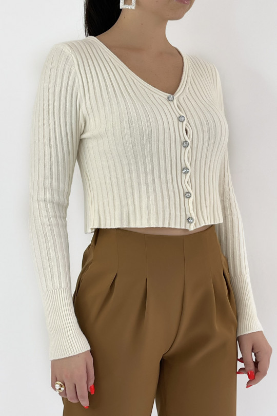 Nice short ribbed beige cardigan with shiny buttons - 1