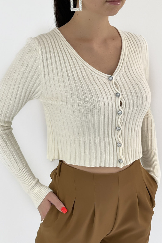 Nice short ribbed beige cardigan with shiny buttons - 2