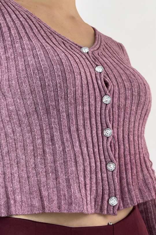 Pretty short ribbed lila cardigan with shiny buttons - 4