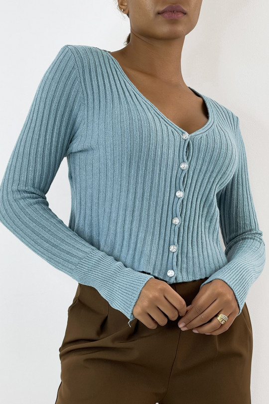 Pretty short ribbed blue cardigan with shiny buttons - 1