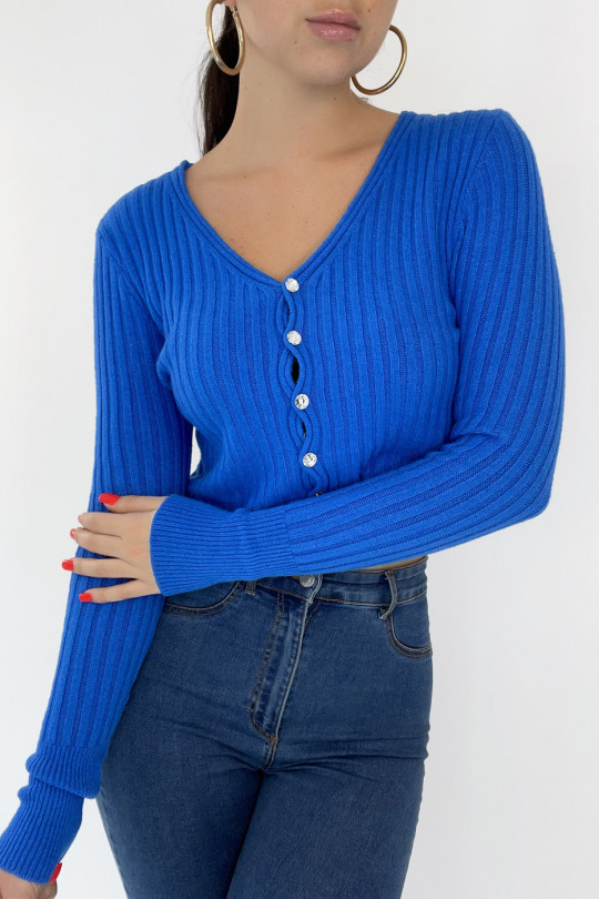 Pretty royal ribbed short cardigan with shiny buttons - 3