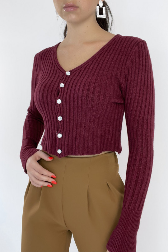 Pretty short ribbed burgundy cardigan with shiny buttons - 3