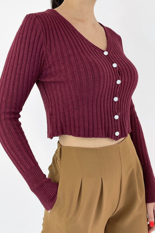 Pretty short ribbed burgundy cardigan with shiny buttons - 4