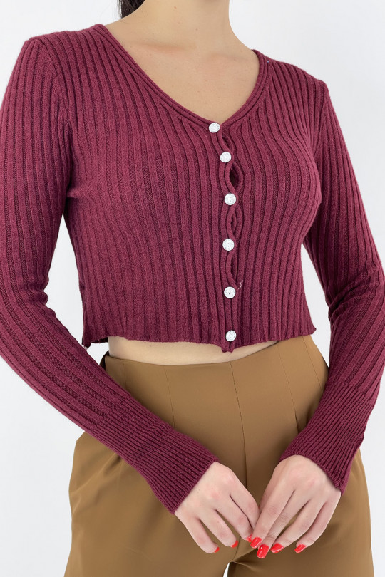 Pretty short ribbed burgundy cardigan with shiny buttons - 1