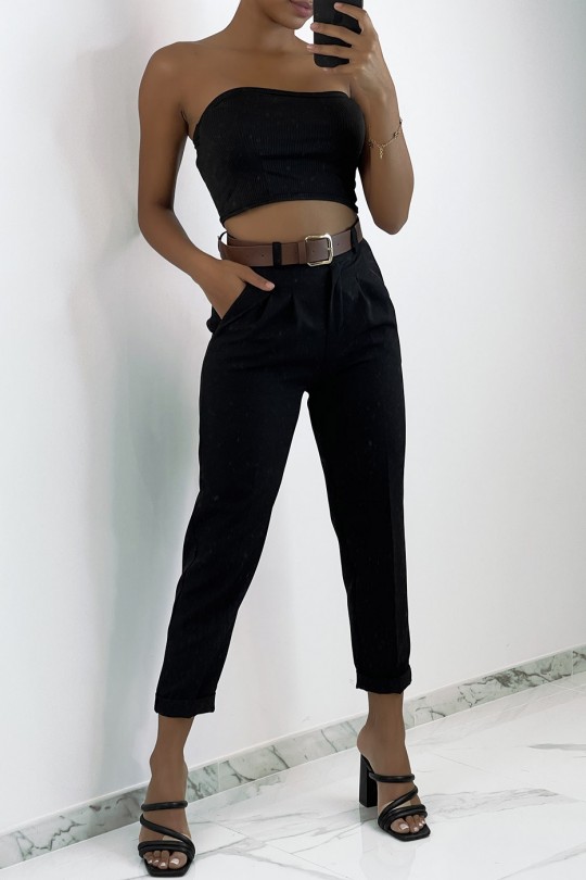 Black pleated high-waisted pants with belt - 2