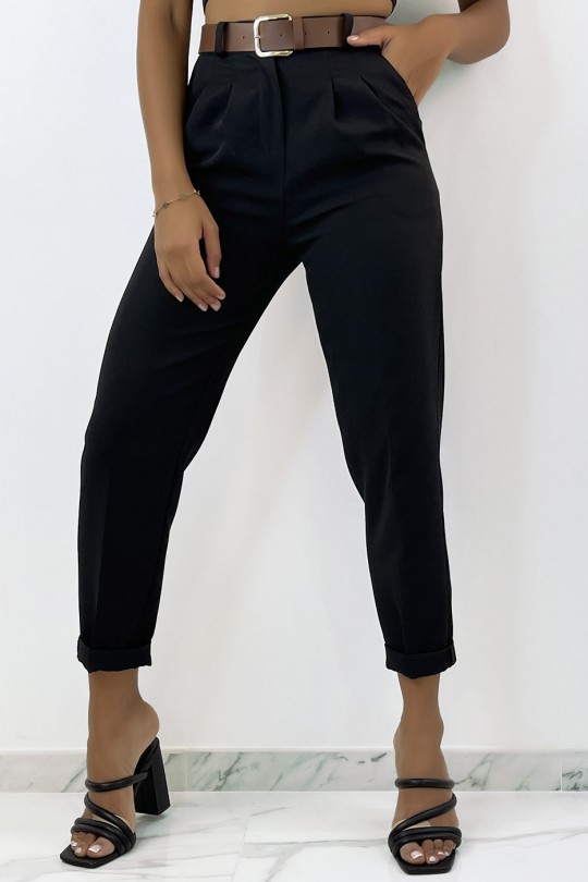 Zwarte geplooide broek met hoge taille en riem - 1