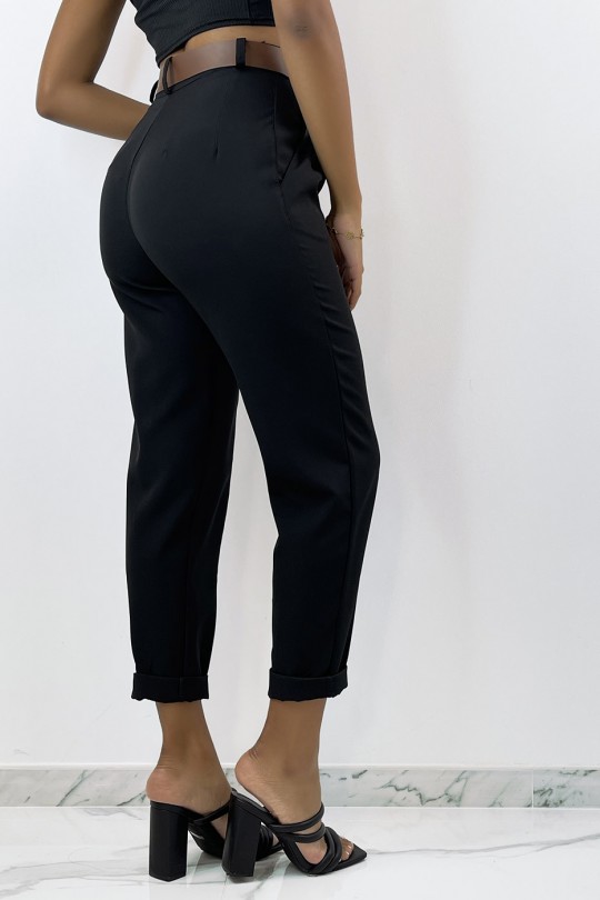 Black pleated high-waisted pants with belt - 3