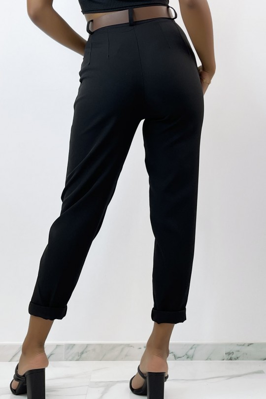 Pantalon noir à pinces taille haute avec ceinture - 4