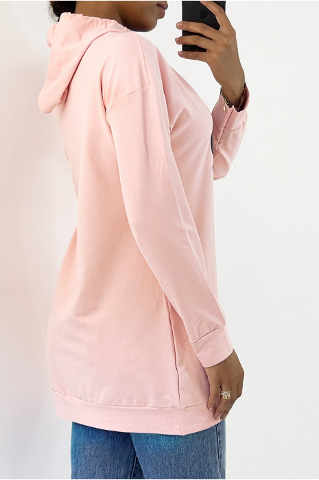 Sweat rose long à capuche avec écriture - 3