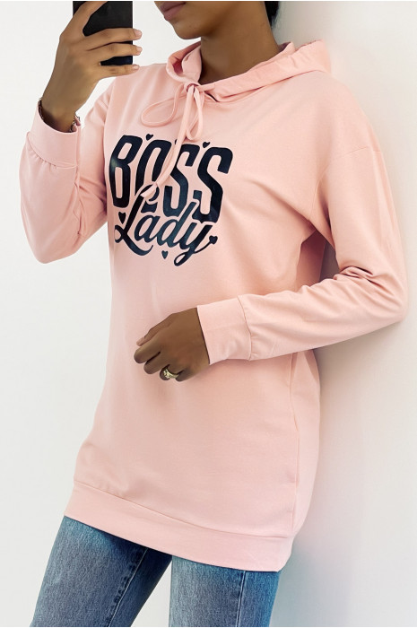 Sweat rose long à capuche avec écriture - 1