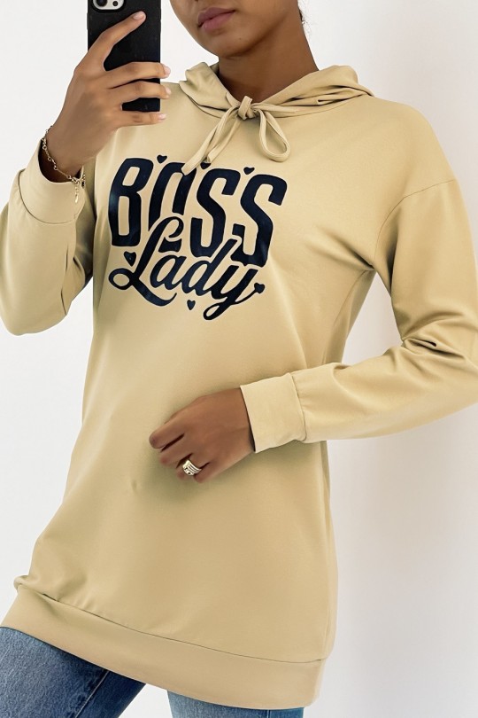 Long camel hooded sweatshirt with writing - 2