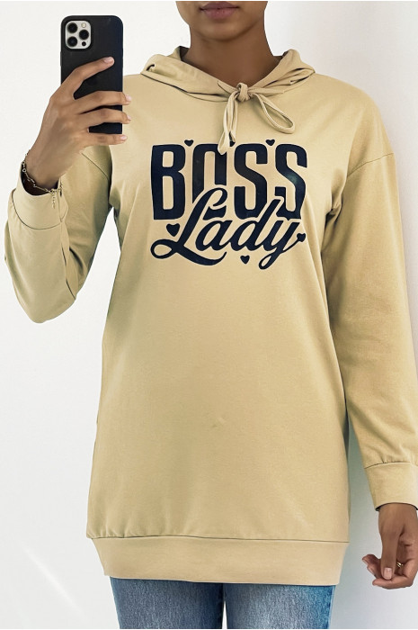 Long camel hooded sweatshirt with writing - 1