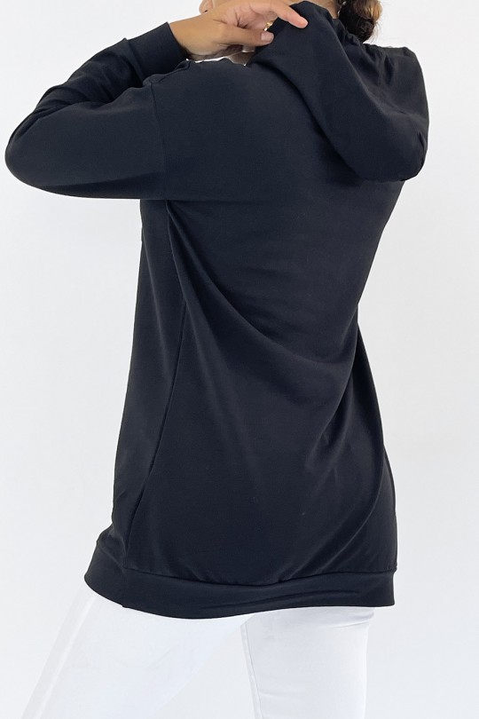 Lang zwart sweatshirt met capuchon en opschrift - 3