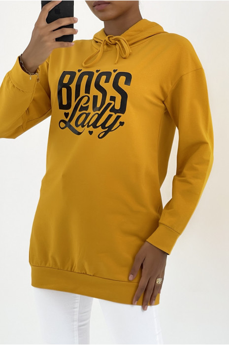 Sweat moutarde long à capuche avec écriture - 3