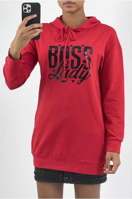 Sweat rouge long à capuche avec écriture - 2