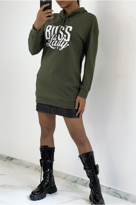 Sweat kaki long à capuche avec écriture - 3