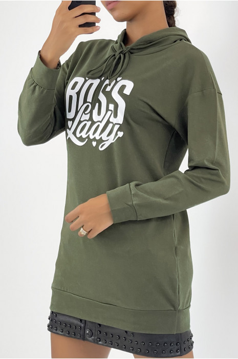 Sweat kaki long à capuche avec écriture - 2