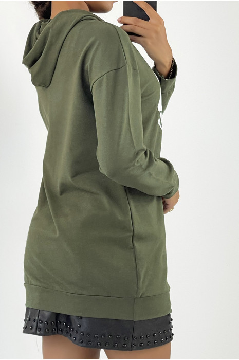 Sweat kaki long à capuche avec écriture - 4