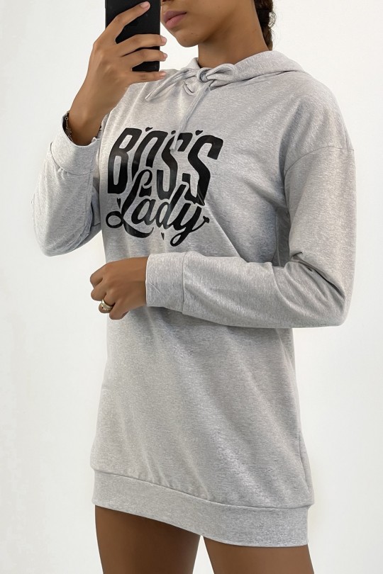 Lang grijs sweatshirt met capuchon en opschrift - 1