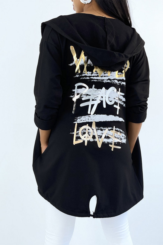 Black hooded cardigan with shiny writing on the back. - 3
