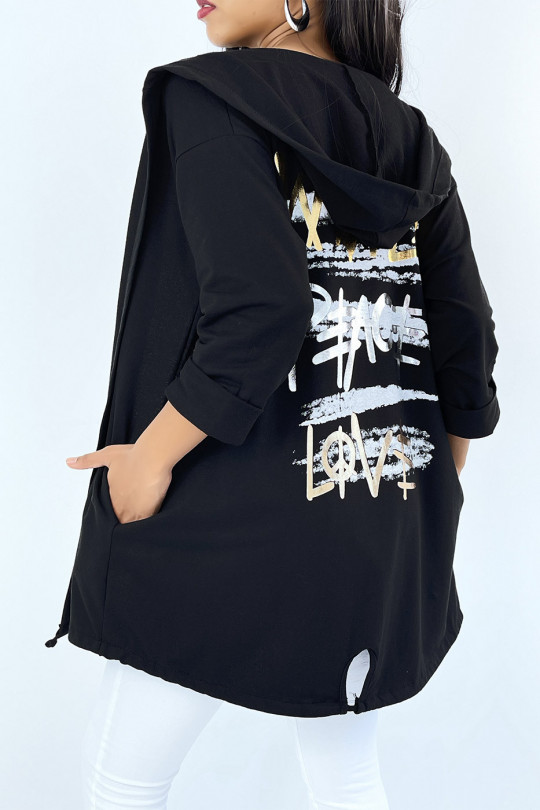 Black hooded cardigan with shiny writing on the back. - 2