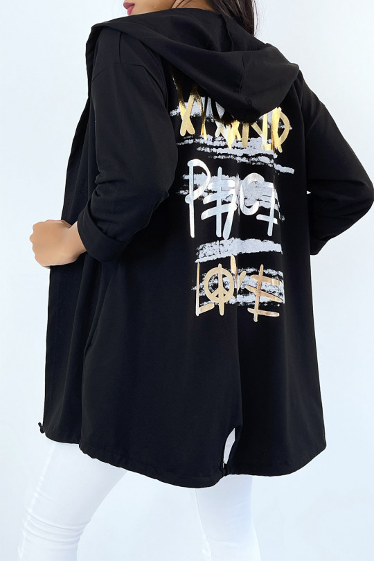 Black hooded cardigan with shiny writing on the back. - 1