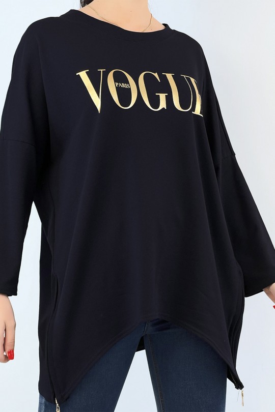 Asymmetric navy sweatshirt with fashion writing - 1