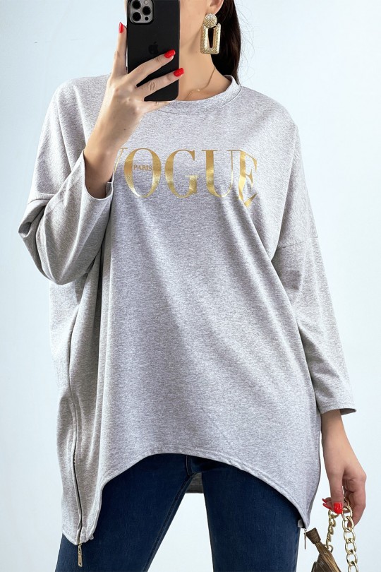Asymmetric gray sweatshirt with fashion writing - 2