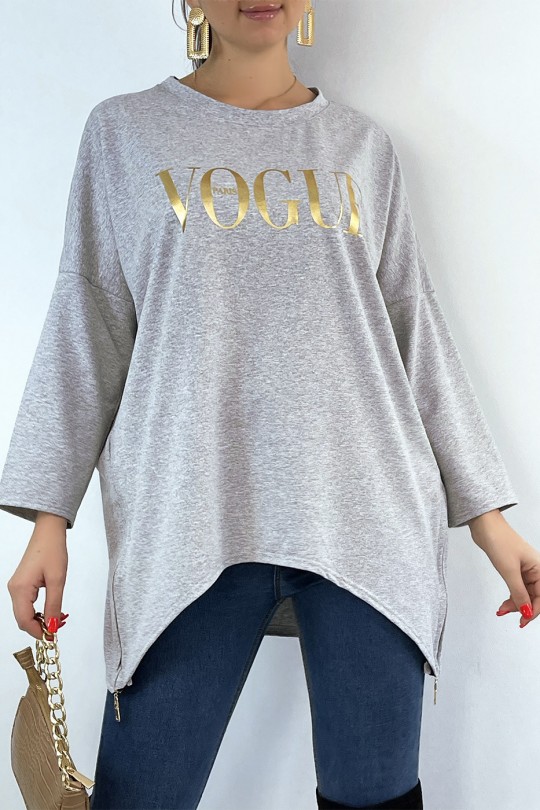 Asymmetric gray sweatshirt with fashion writing - 1