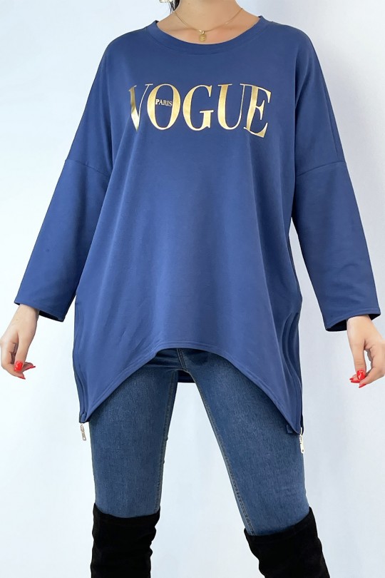 Asymmetric indigo sweatshirt with fashion writing - 1