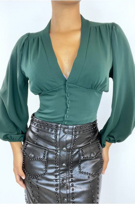 Blouse verte cintrée à la taille avec décolleté et manches bouffantes - 1