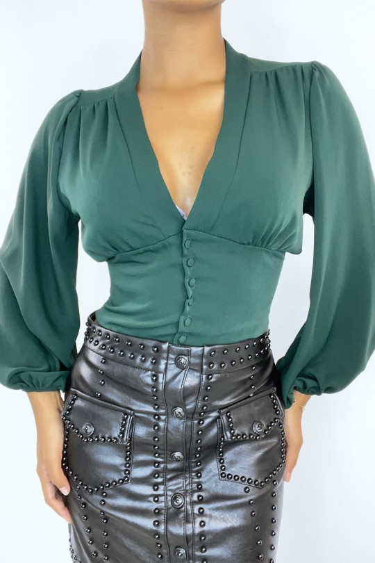 Green blouse fitted at the waist with neckline and puffed sleeves - 1
