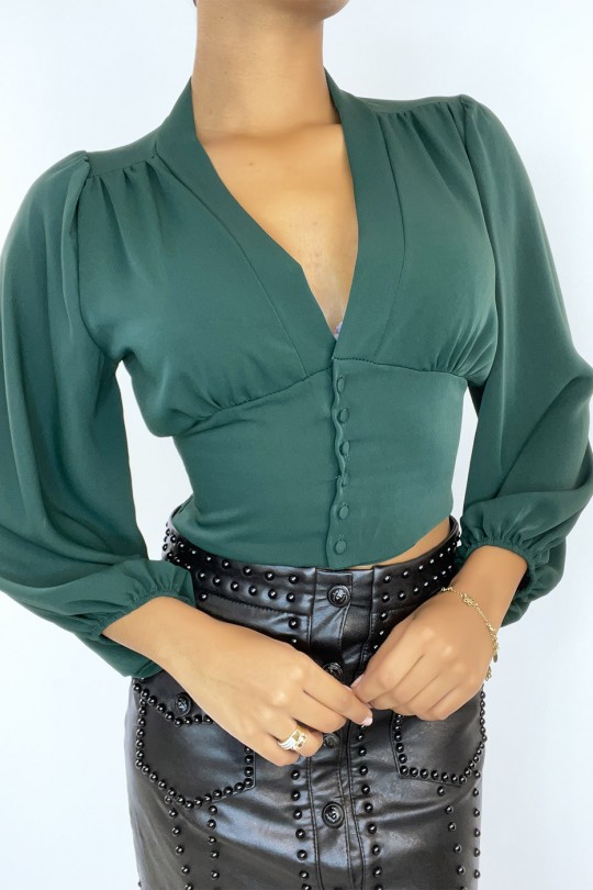 Green blouse fitted at the waist with neckline and puffed sleeves - 2