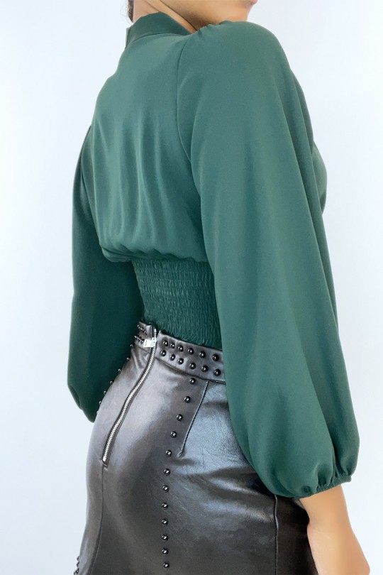 Green blouse fitted at the waist with neckline and puffed sleeves - 5