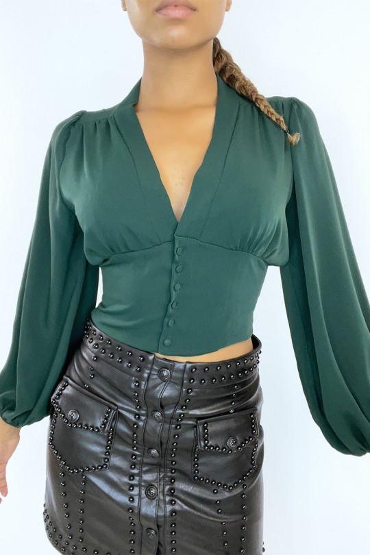 Green blouse fitted at the waist with neckline and puffed sleeves - 3