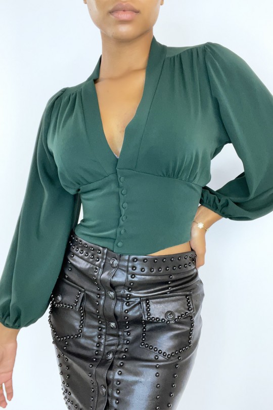 Green blouse fitted at the waist with neckline and puffed sleeves - 4