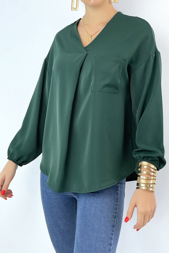 Soepelvallende groene blouse met voorzakje - 1