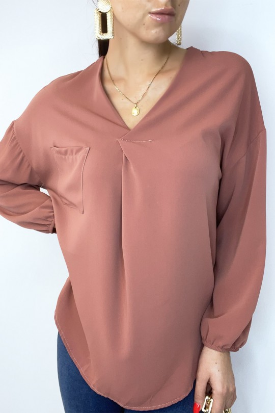 Roze soepelvallende blouse met voorzakje - 4